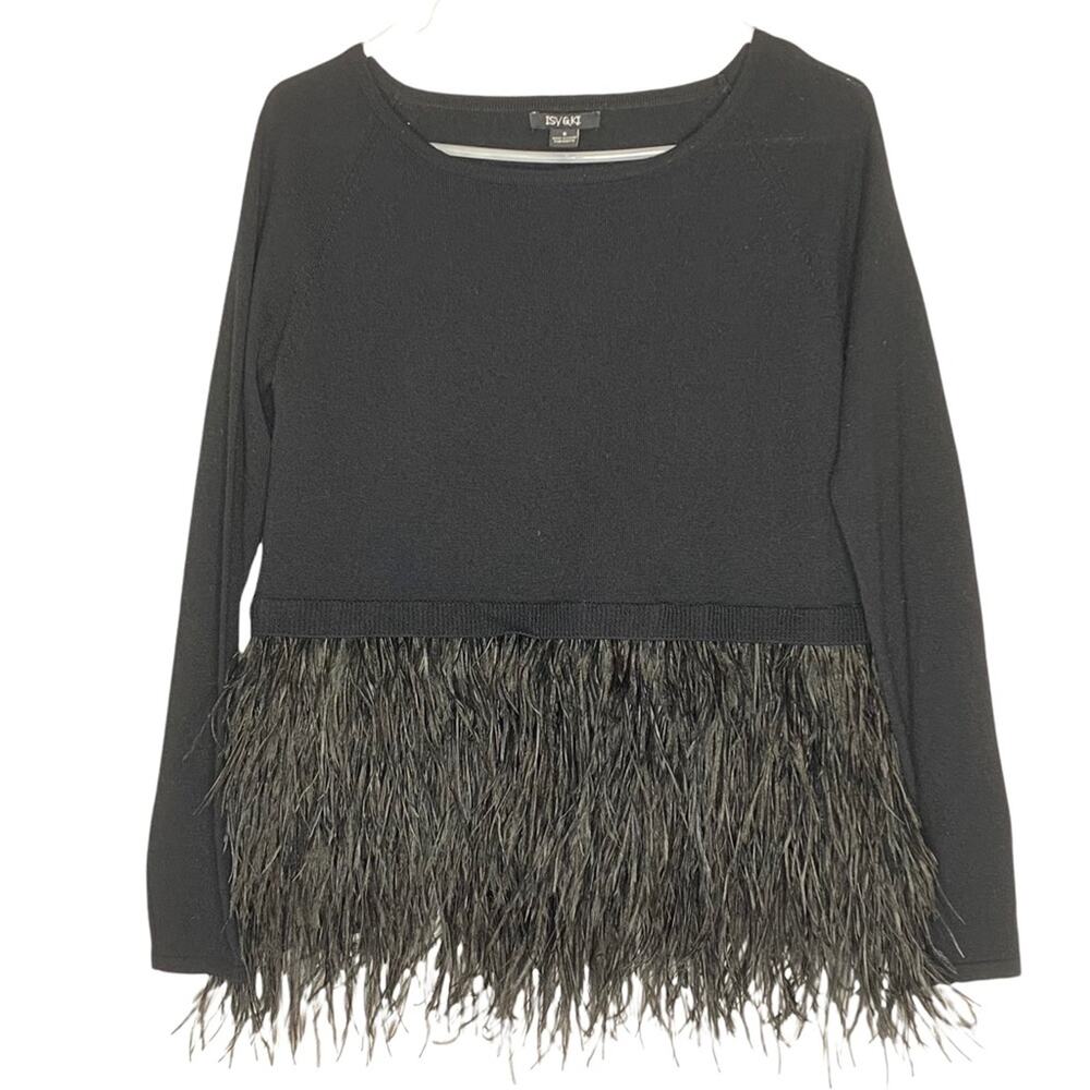 Anthropologie Isy & Ki Ostrich Feather Wool Sweater Black Pullover Top Size S
